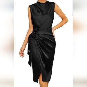 Grace Karin Black Satin Midi Dress